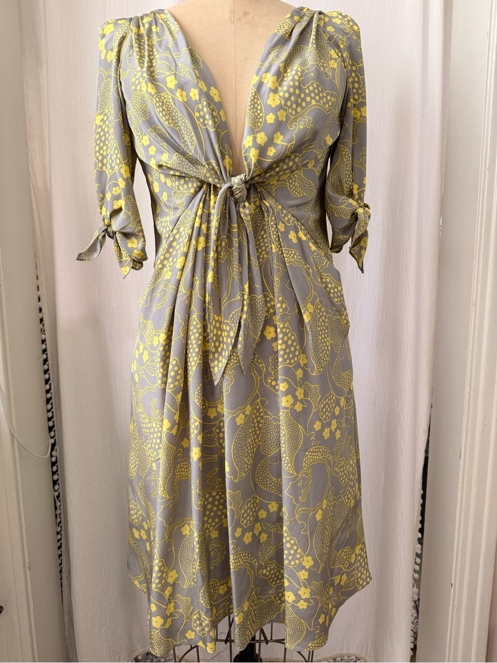 Yoana Baraschi 100% Silk, Gray and Yellow Floral Tie-Front Midi Dress sz S